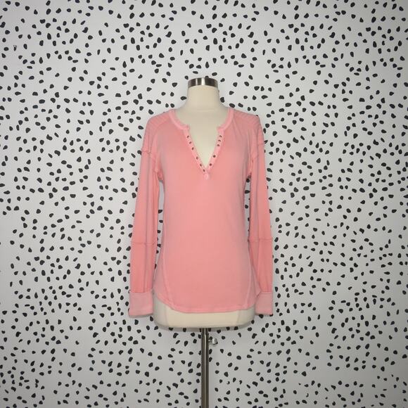 Free People Pink Military Mix Studded Henley Long Sleeve Top - Picture 3 of 12